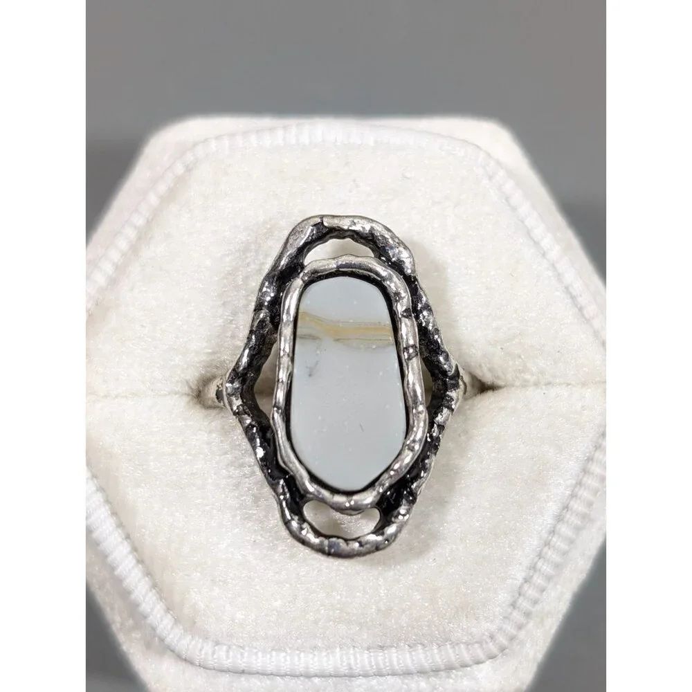 Boho Western‎ Gray Faux Stone silver Tone Oval Ring Size 7.75